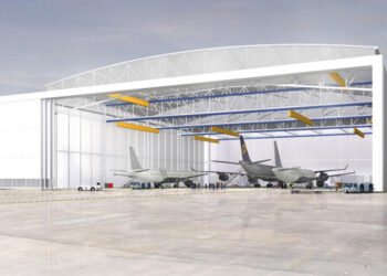 Le nouveau hangar pourra accueillir un appareil très gros-porteur de type A380 ou  jusqu'à quatre monocouloirs de type A320 simultanément. Image © Aéroport Marcel Dassault