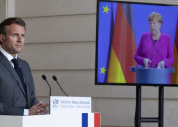 L'annonce par Emmanuel Macron et Angela Merkel  visant à la création d’un fonds de relance européen temporaire doté de 500 milliards d’euros le 18 mai. Photo  © Présidence de la République